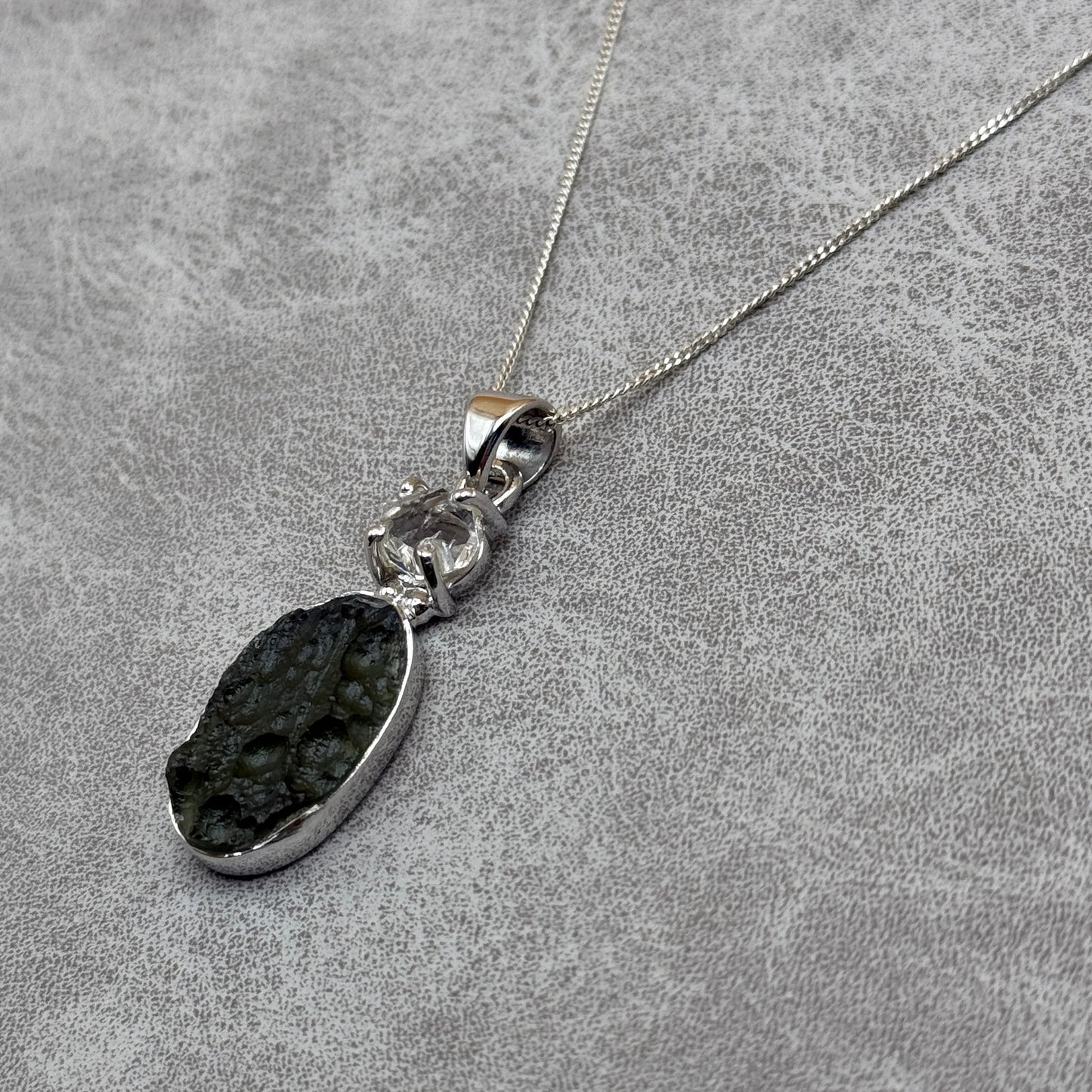 Moldavite & Herkimer Diamond Necklace Sterling Silver | TRANSFORMATIVE TEKTITE | 'STONE OF ATTUNEMENT'