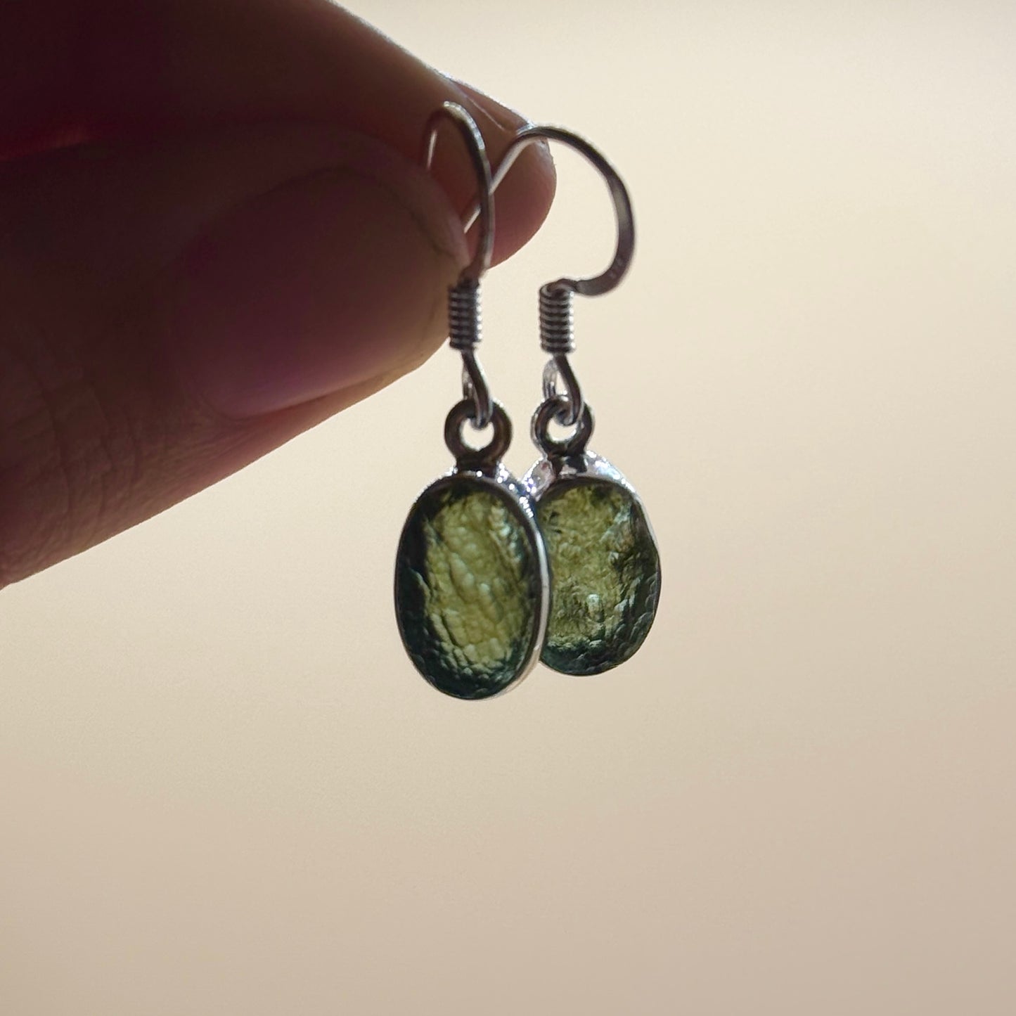 Moldavite Oval Sterling Silver Drop Earrings | TRANSFORMATIVE TEKTITE