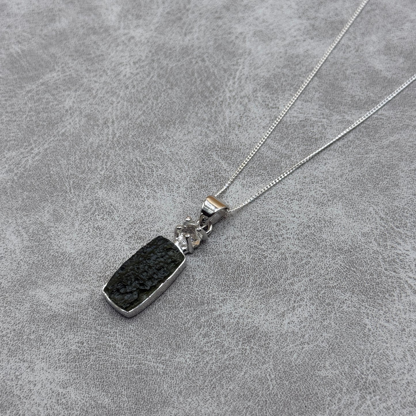 Moldavite & Herkimer Diamond Necklace Sterling Silver | TRANSFORMATIVE TEKTITE | 'STONE OF ATTUNEMENT'