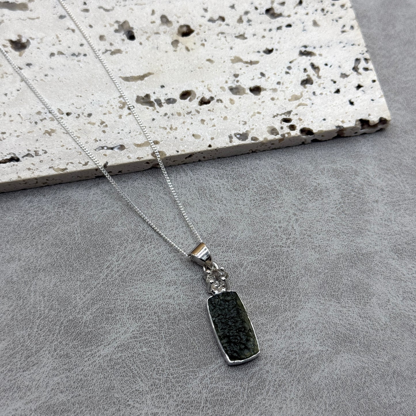 Moldavite & Herkimer Diamond Necklace Sterling Silver | TRANSFORMATIVE TEKTITE | 'STONE OF ATTUNEMENT'