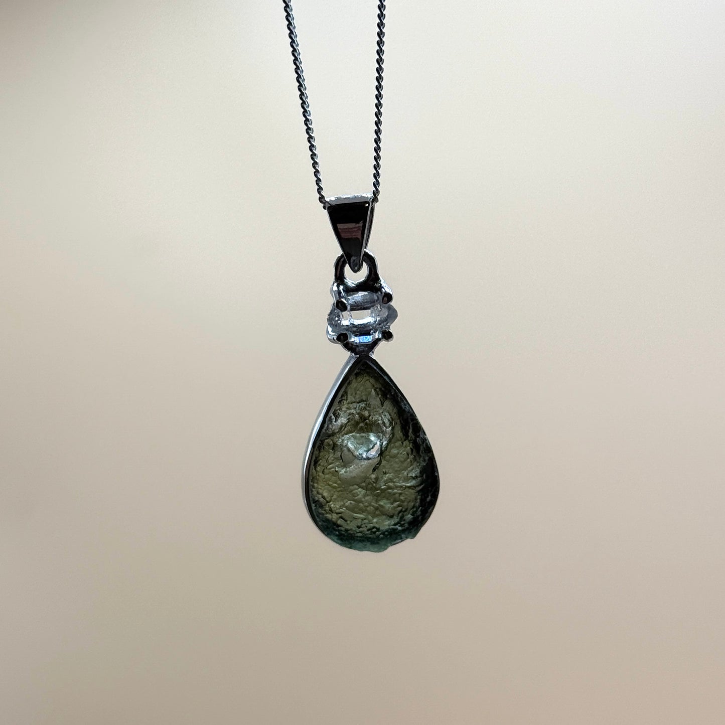 Moldavite & Herkimer Diamond Necklace Sterling Silver | TRANSFORMATIVE TEKTITE | 'STONE OF ATTUNEMENT'