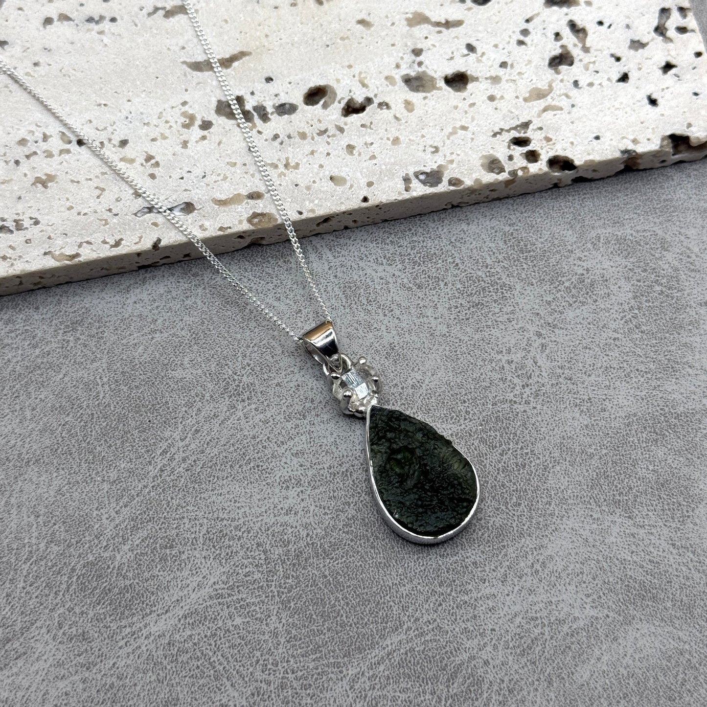 Moldavite & Herkimer Diamond Necklace Sterling Silver | TRANSFORMATIVE TEKTITE | 'STONE OF ATTUNEMENT'