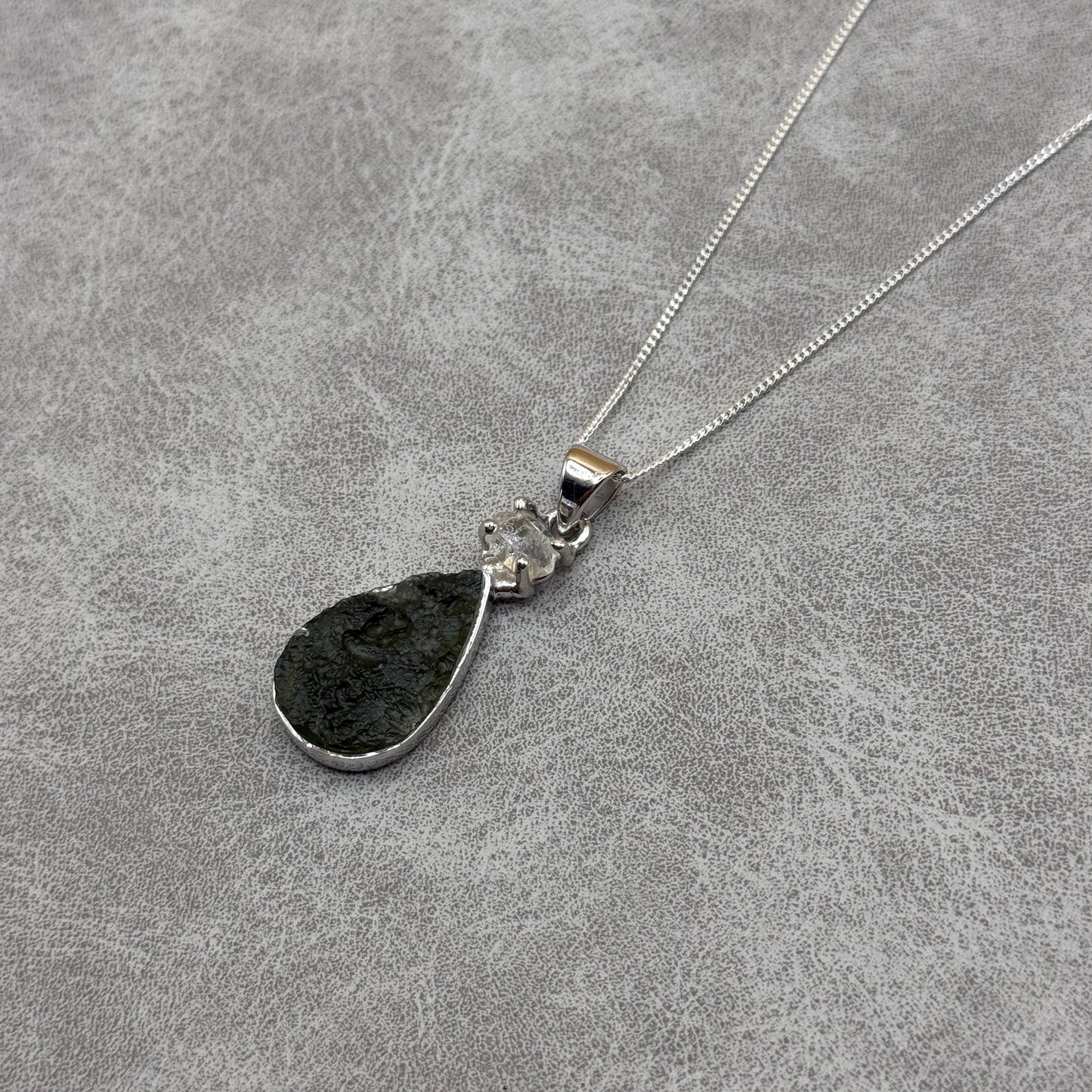 Moldavite & Herkimer Diamond Necklace Sterling Silver | TRANSFORMATIVE TEKTITE | 'STONE OF ATTUNEMENT'