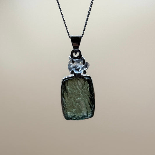 Moldavite & Herkimer Diamond Necklace Sterling Silver | TRANSFORMATIVE TEKTITE | 'STONE OF ATTUNEMENT'