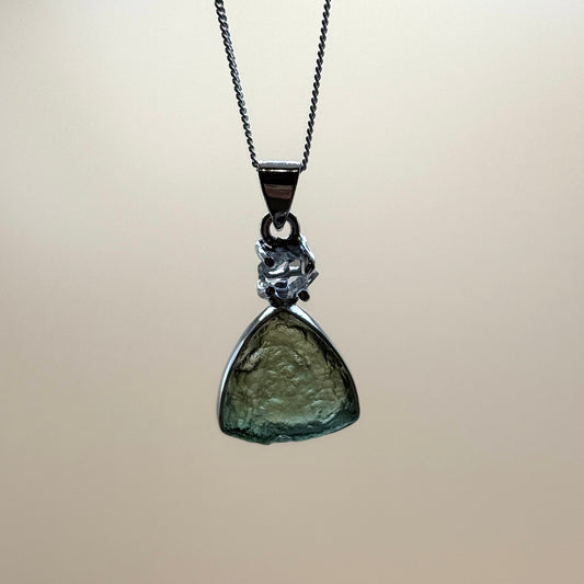 Moldavite & Herkimer Diamond Necklace Sterling Silver | TRANSFORMATIVE TEKTITE | 'STONE OF ATTUNEMENT'