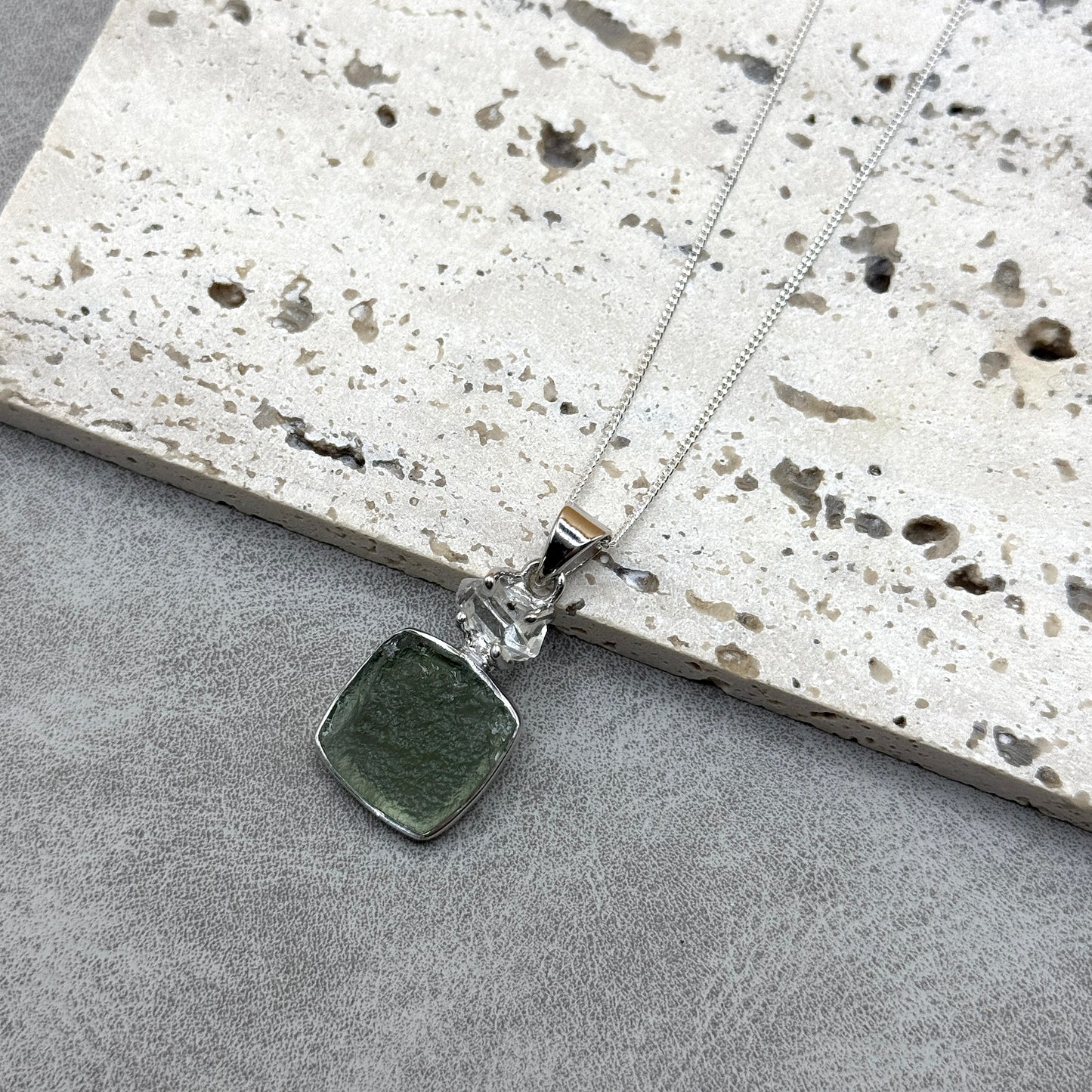 Moldavite & Herkimer Diamond Necklace Sterling Silver | TRANSFORMATIVE TEKTITE | 'STONE OF ATTUNEMENT'