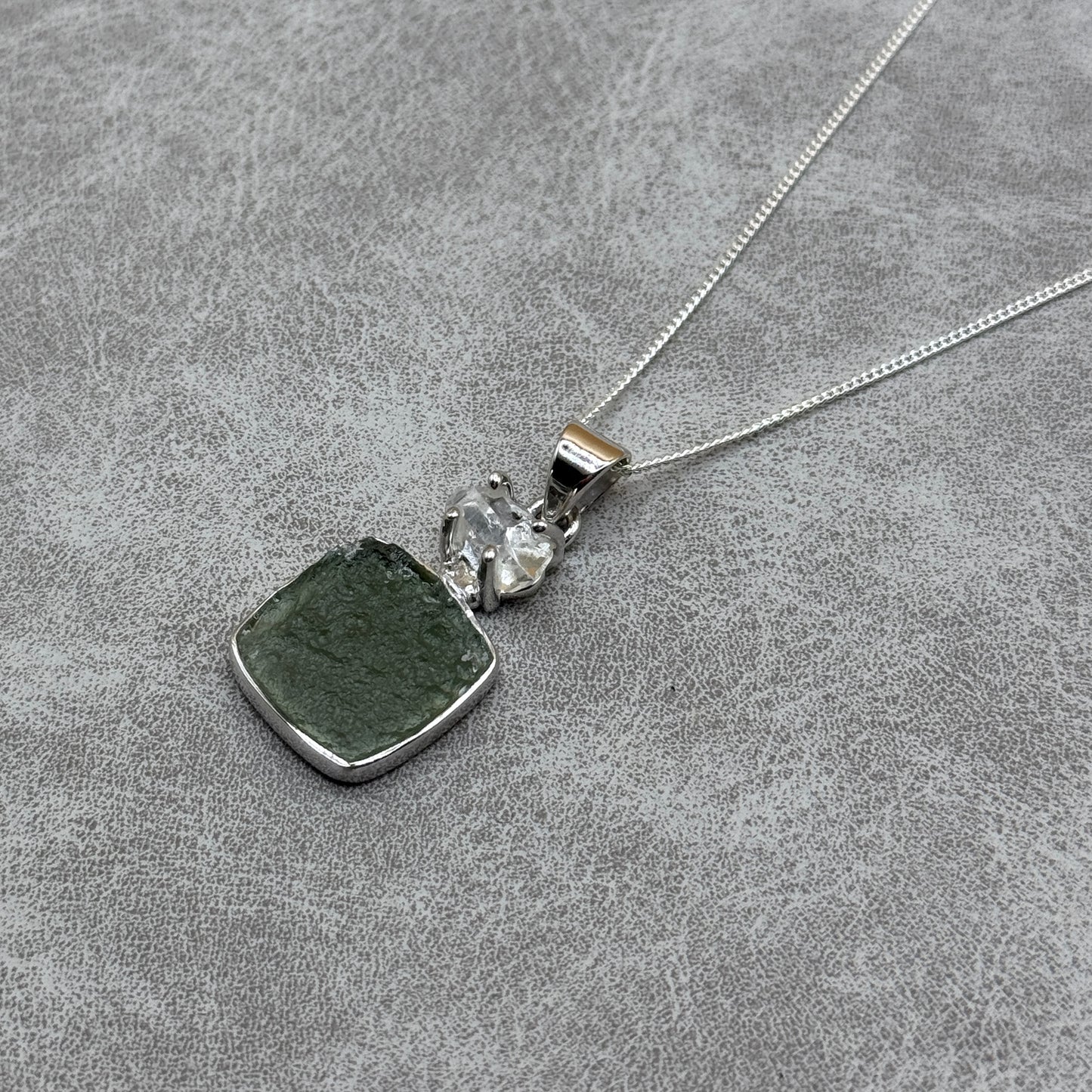 Moldavite & Herkimer Diamond Necklace Sterling Silver | TRANSFORMATIVE TEKTITE | 'STONE OF ATTUNEMENT'