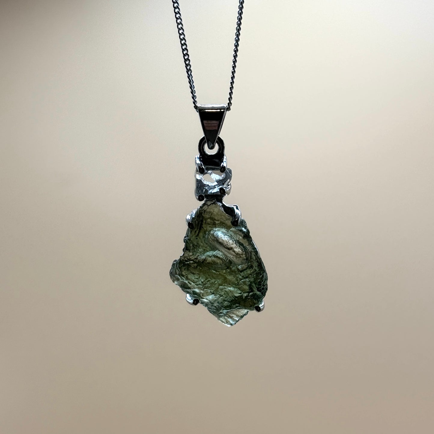 Moldavite & Herkimer Diamond Necklace Sterling Silver | TRANSFORMATIVE TEKTITE | 'STONE OF ATTUNEMENT'