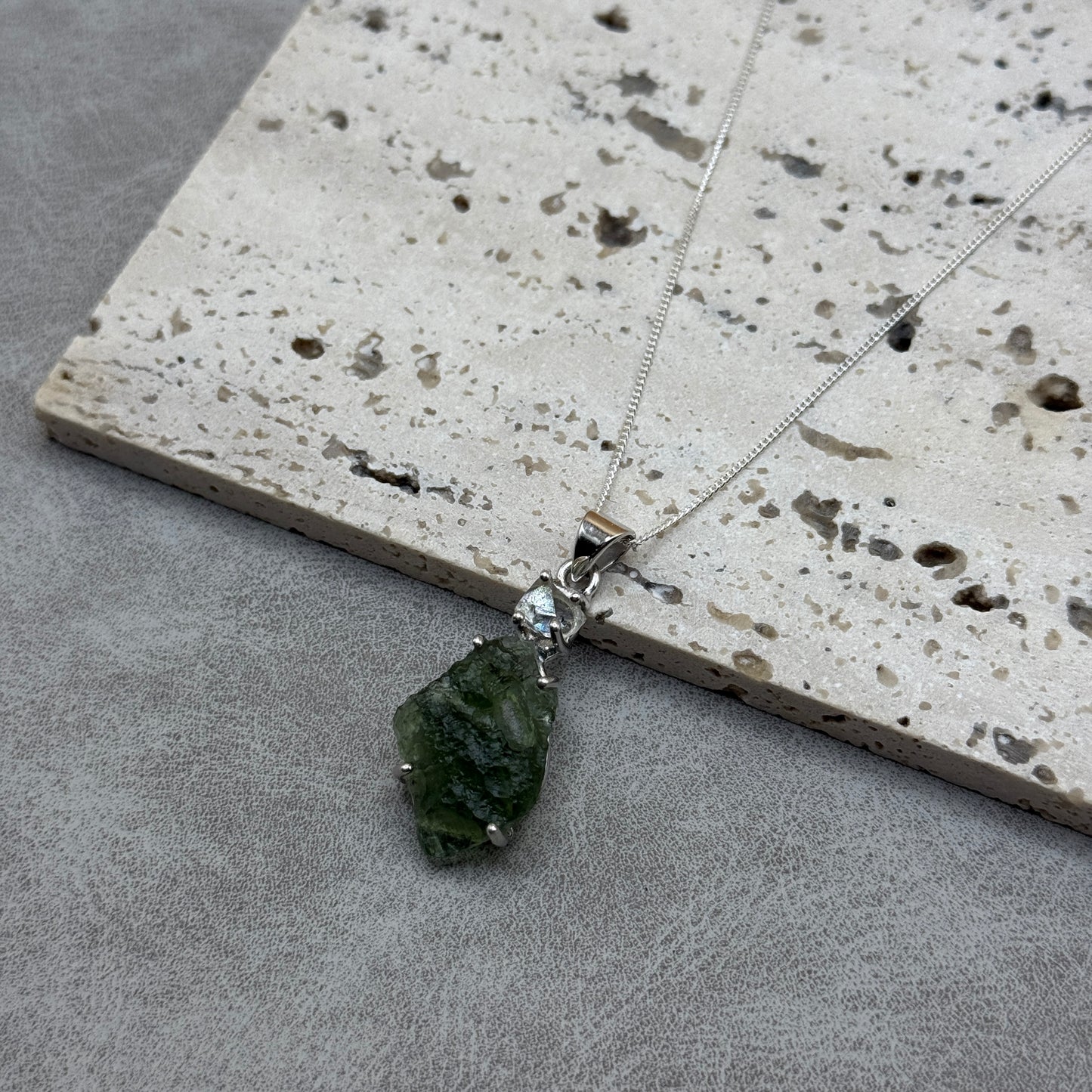 Moldavite & Herkimer Diamond Necklace Sterling Silver | TRANSFORMATIVE TEKTITE | 'STONE OF ATTUNEMENT'