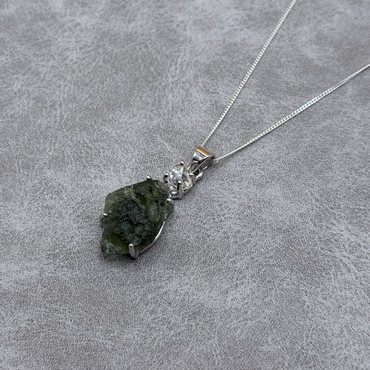 Moldavite & Herkimer Diamond Necklace Sterling Silver | TRANSFORMATIVE TEKTITE | 'STONE OF ATTUNEMENT'