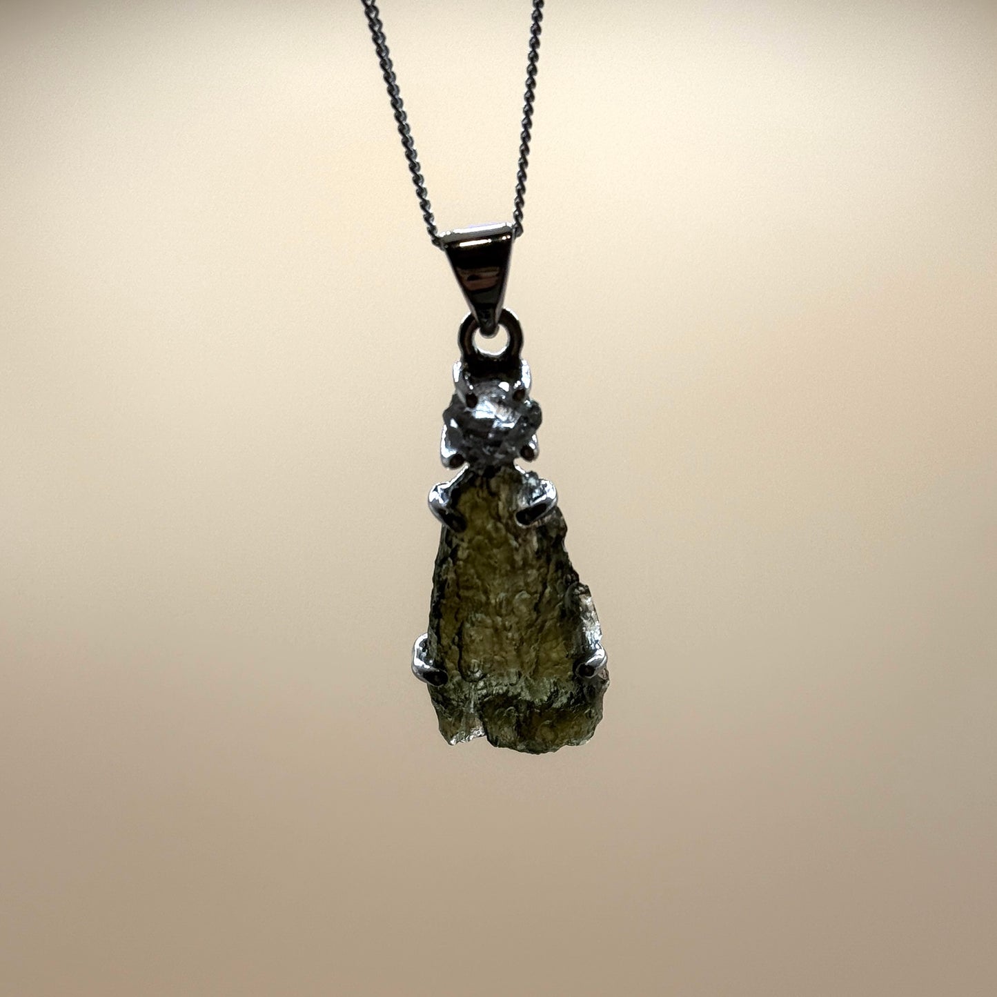 Moldavite & Herkimer Diamond Necklace Sterling Silver | TRANSFORMATIVE TEKTITE | 'STONE OF ATTUNEMENT'