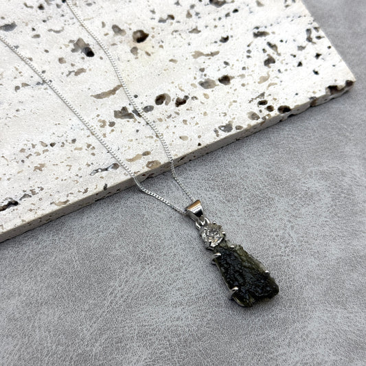 Moldavite & Herkimer Diamond Necklace Sterling Silver | TRANSFORMATIVE TEKTITE | 'STONE OF ATTUNEMENT'