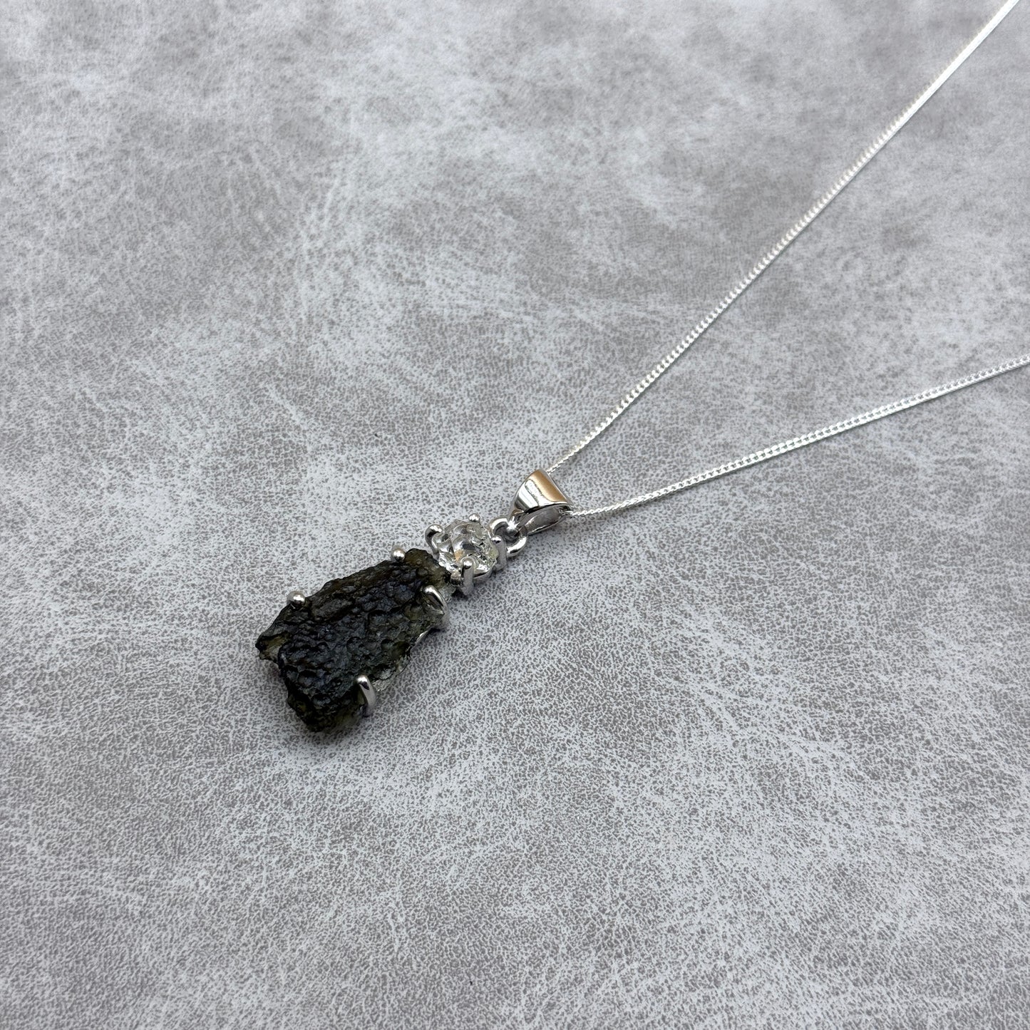 Moldavite & Herkimer Diamond Necklace Sterling Silver | TRANSFORMATIVE TEKTITE | 'STONE OF ATTUNEMENT'