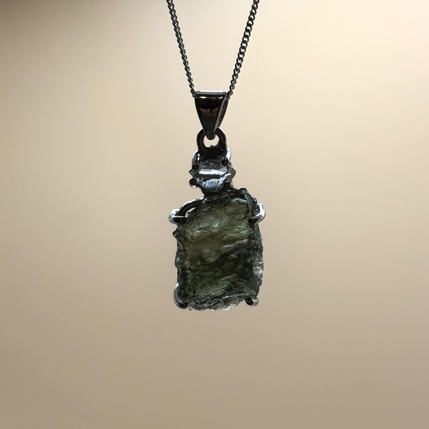 Moldavite & Herkimer Diamond Necklace Sterling Silver | TRANSFORMATIVE TEKTITE | 'STONE OF ATTUNEMENT'