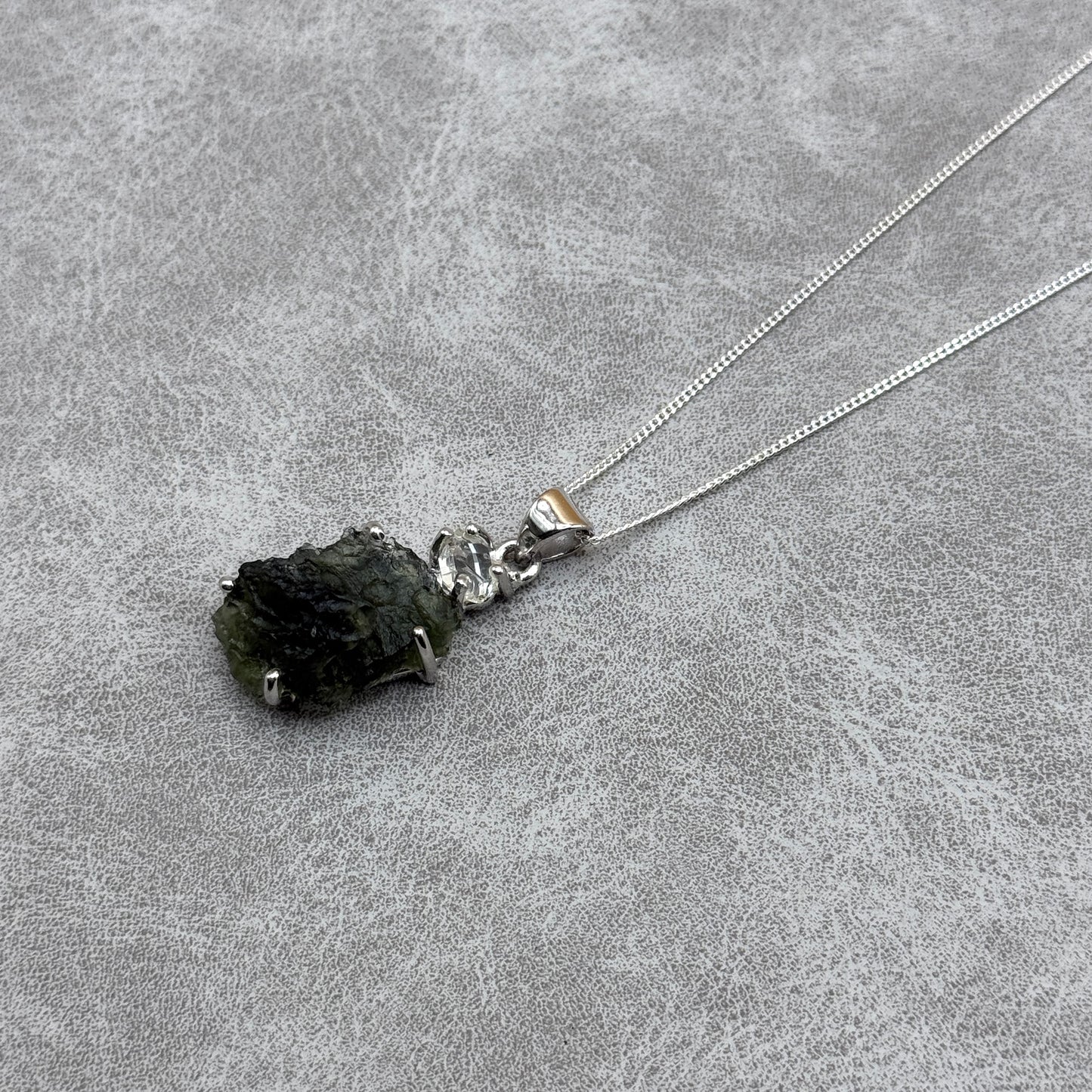 Moldavite & Herkimer Diamond Necklace Sterling Silver | TRANSFORMATIVE TEKTITE | 'STONE OF ATTUNEMENT'