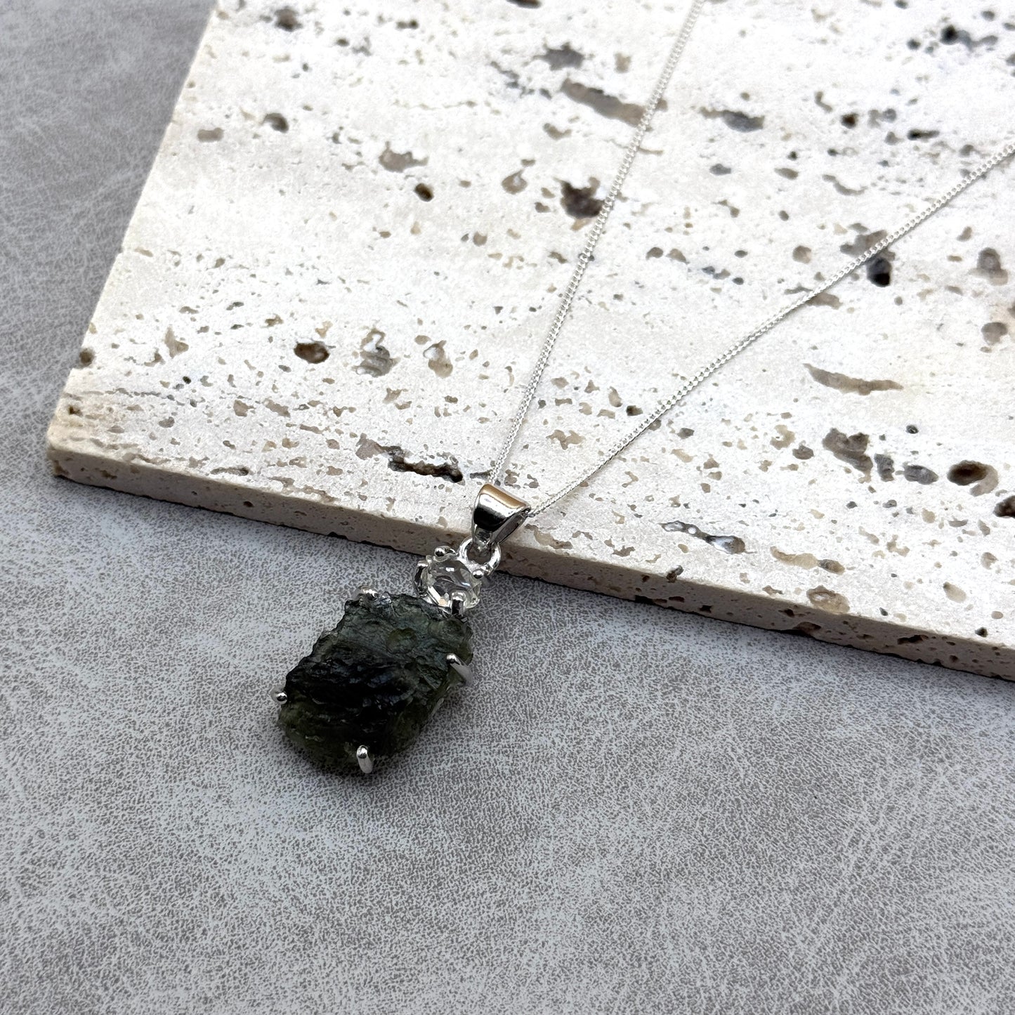 Moldavite & Herkimer Diamond Necklace Sterling Silver | TRANSFORMATIVE TEKTITE | 'STONE OF ATTUNEMENT'