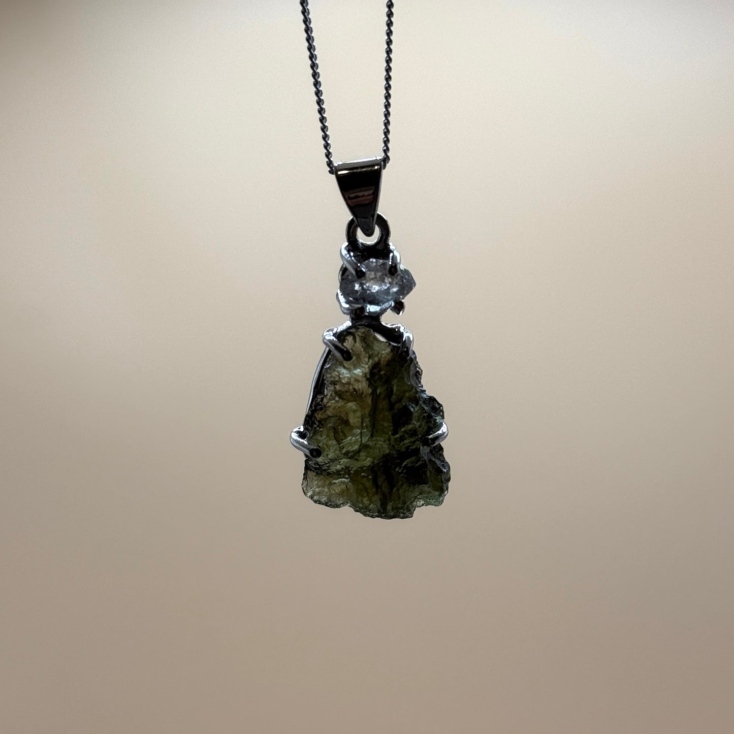 Moldavite & Herkimer Diamond Necklace Sterling Silver | TRANSFORMATIVE TEKTITE | 'STONE OF ATTUNEMENT'