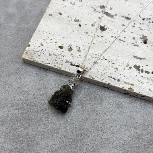 Moldavite & Herkimer Diamond Necklace Sterling Silver | TRANSFORMATIVE TEKTITE | 'STONE OF ATTUNEMENT'