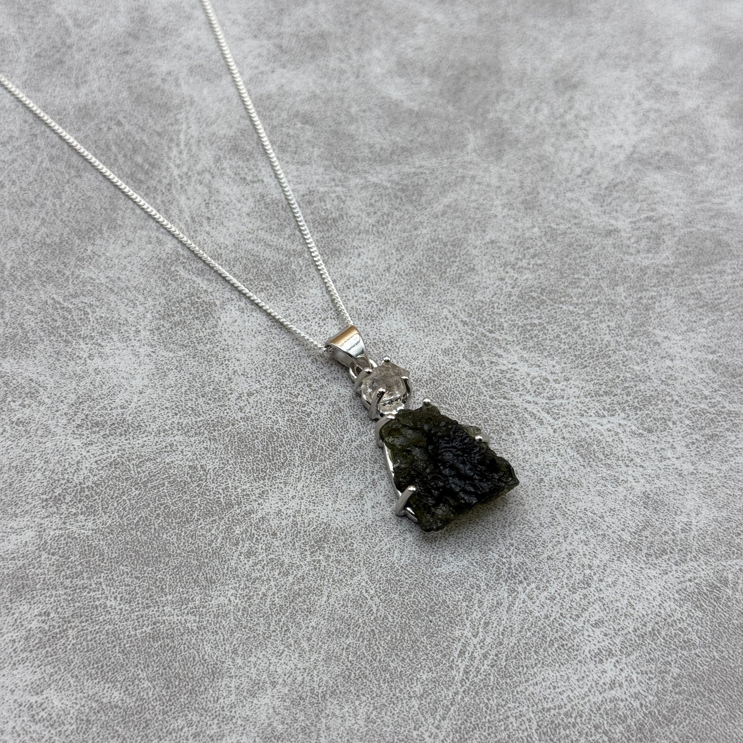 Moldavite & Herkimer Diamond Necklace Sterling Silver | TRANSFORMATIVE TEKTITE | 'STONE OF ATTUNEMENT'