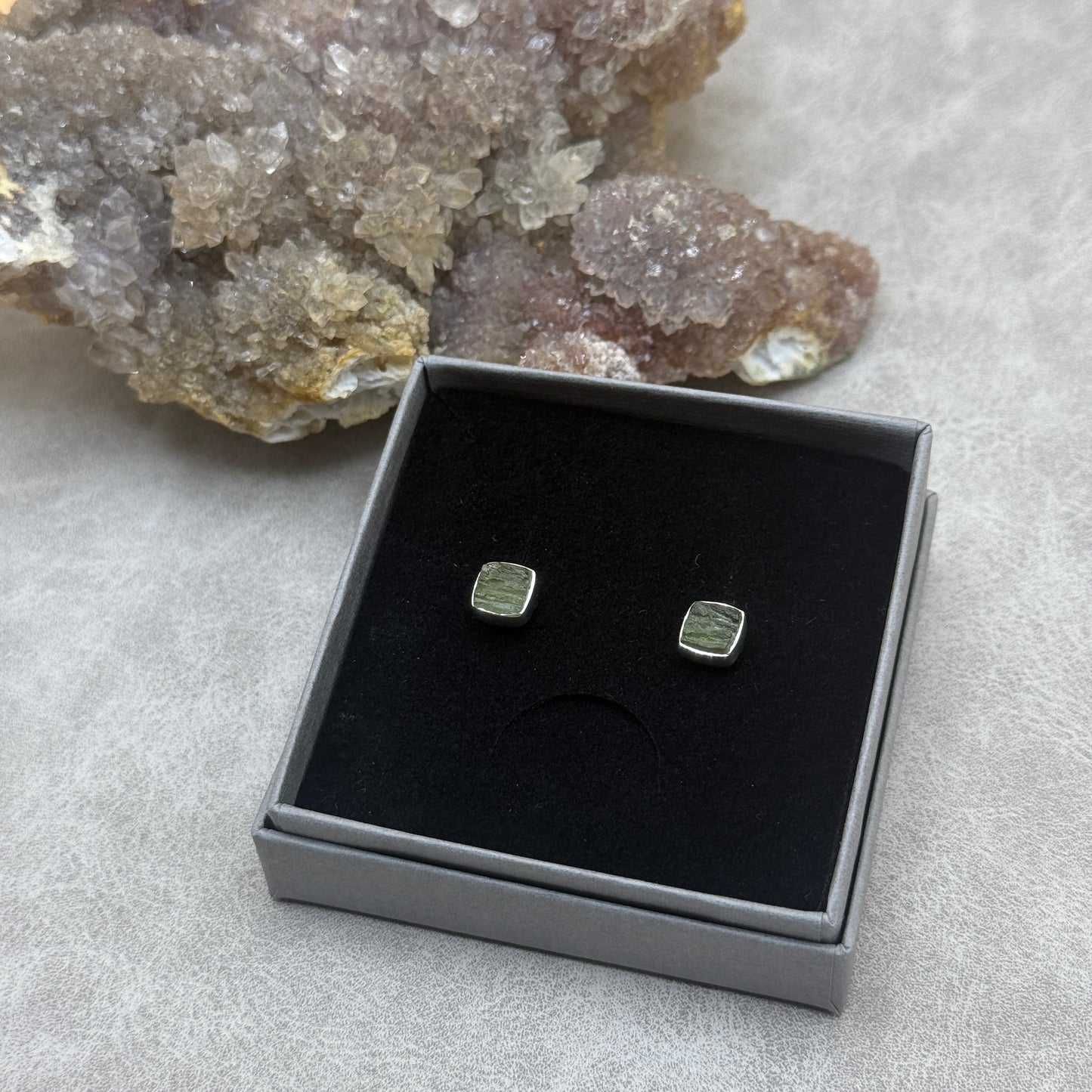 Moldavite Square Studs Sterling Silver | TRANSFORMATIVE TEKTITE