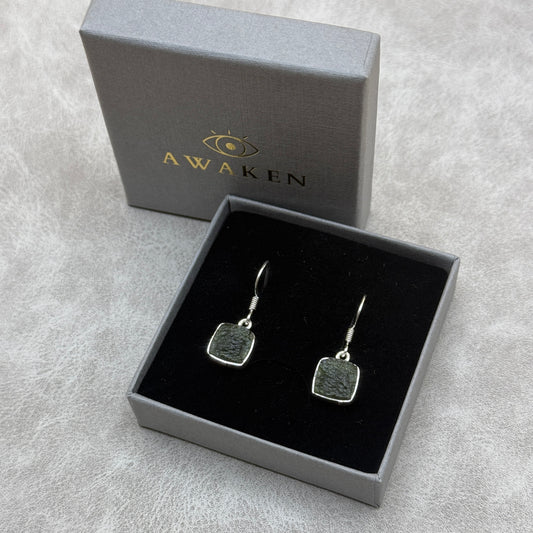 Moldavite Square Sterling Silver Drop Earrings | TRANSFORMATIVE TEKTITE