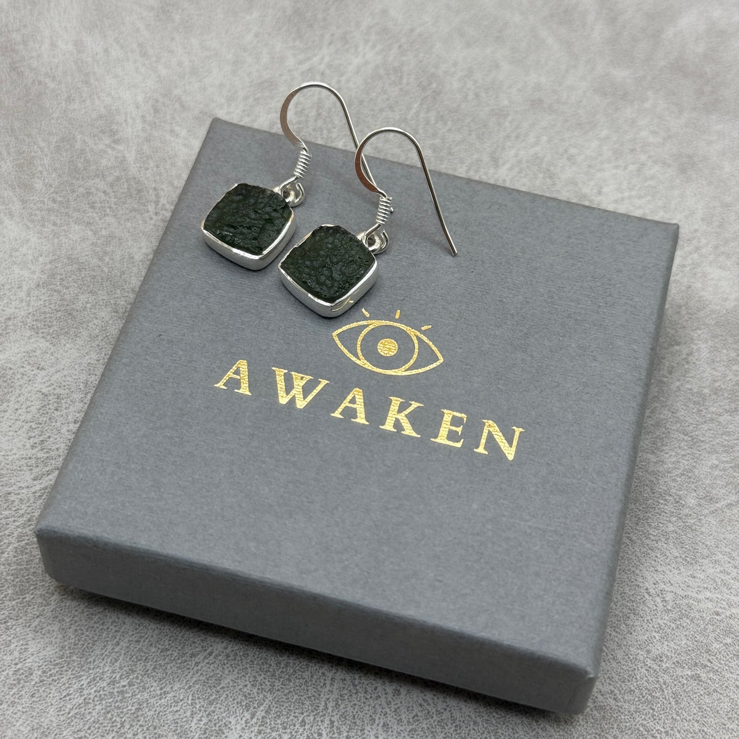 Moldavite Square Sterling Silver Drop Earrings | TRANSFORMATIVE TEKTITE