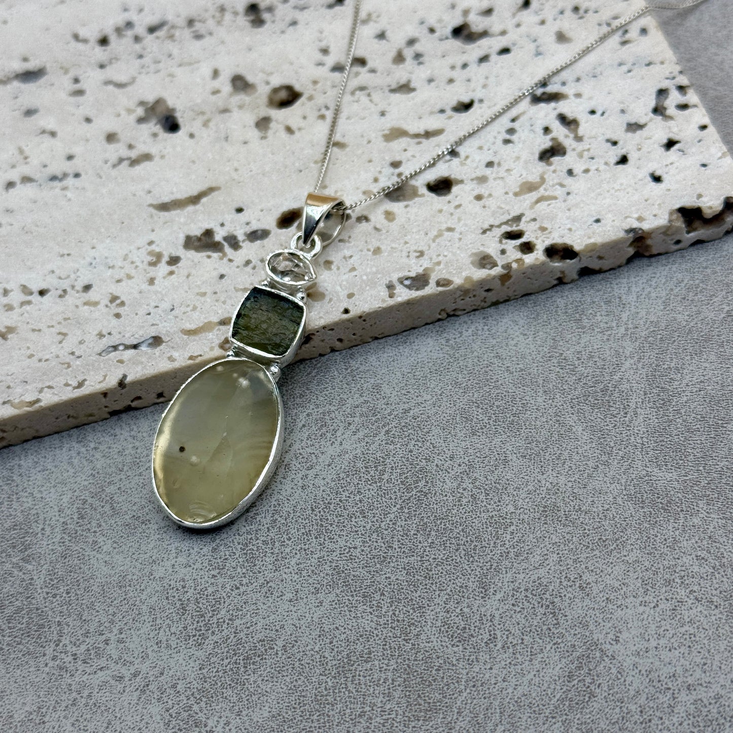 Moldavite, Herkimer Diamond & Libyan Necklace Sterling Silver | TRANSFORMATIVE TEKTITE | 'STONE OF ATTUNEMENT' | ABUNDANCE