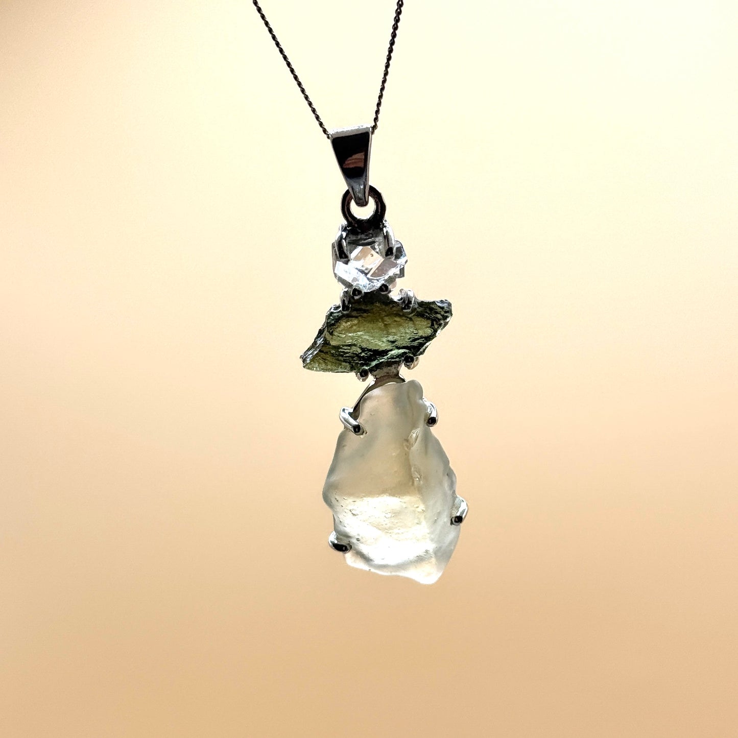 Moldavite, Herkimer Diamond & Libyan Necklace Sterling Silver | TRANSFORMATIVE TEKTITE | 'STONE OF ATTUNEMENT' | ABUNDANCE