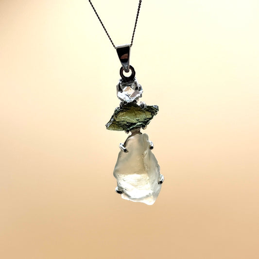 Moldavite, Herkimer Diamond & Libyan Necklace Sterling Silver | TRANSFORMATIVE TEKTITE | 'STONE OF ATTUNEMENT' | ABUNDANCE