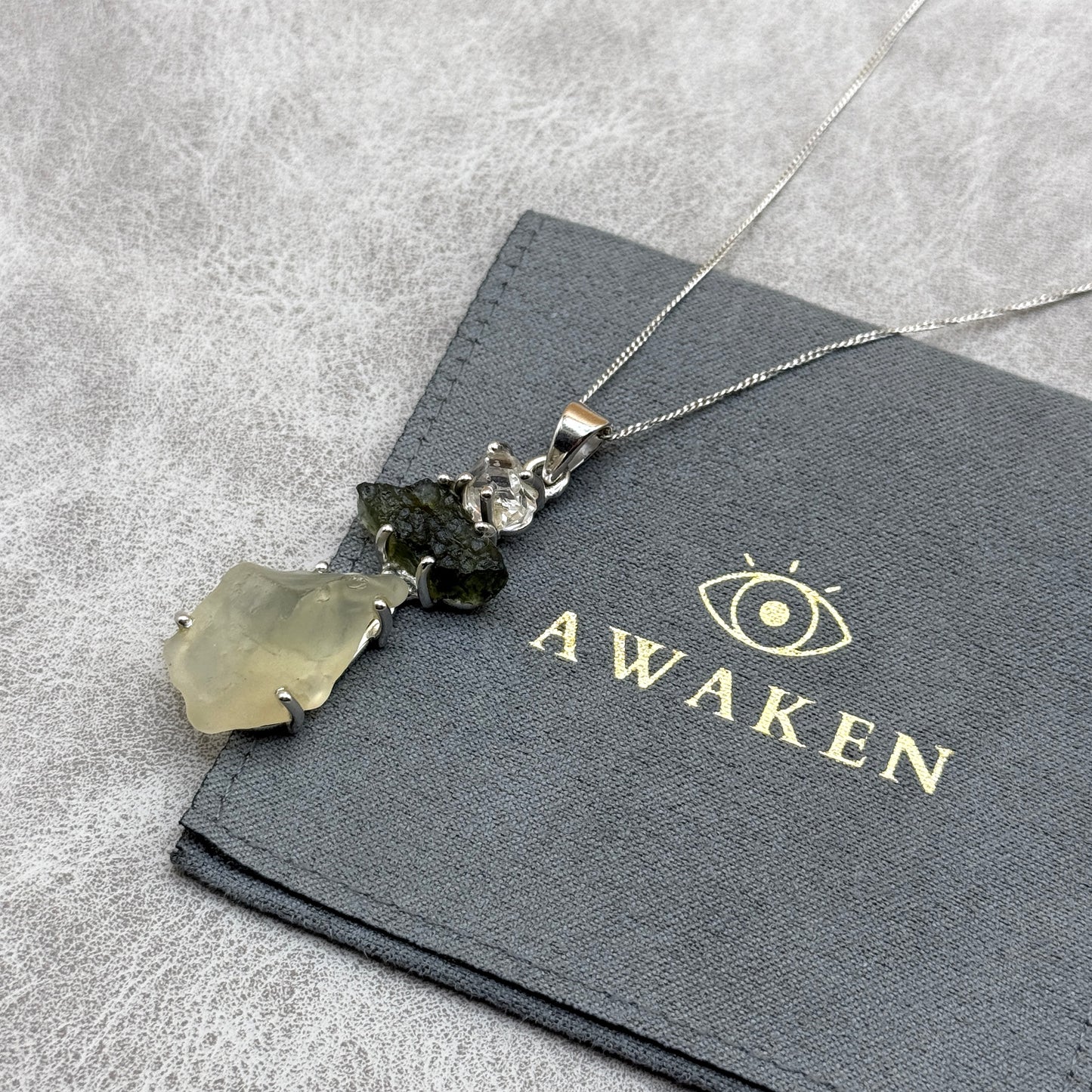 Moldavite, Herkimer Diamond & Libyan Necklace Sterling Silver | TRANSFORMATIVE TEKTITE | 'STONE OF ATTUNEMENT' | ABUNDANCE