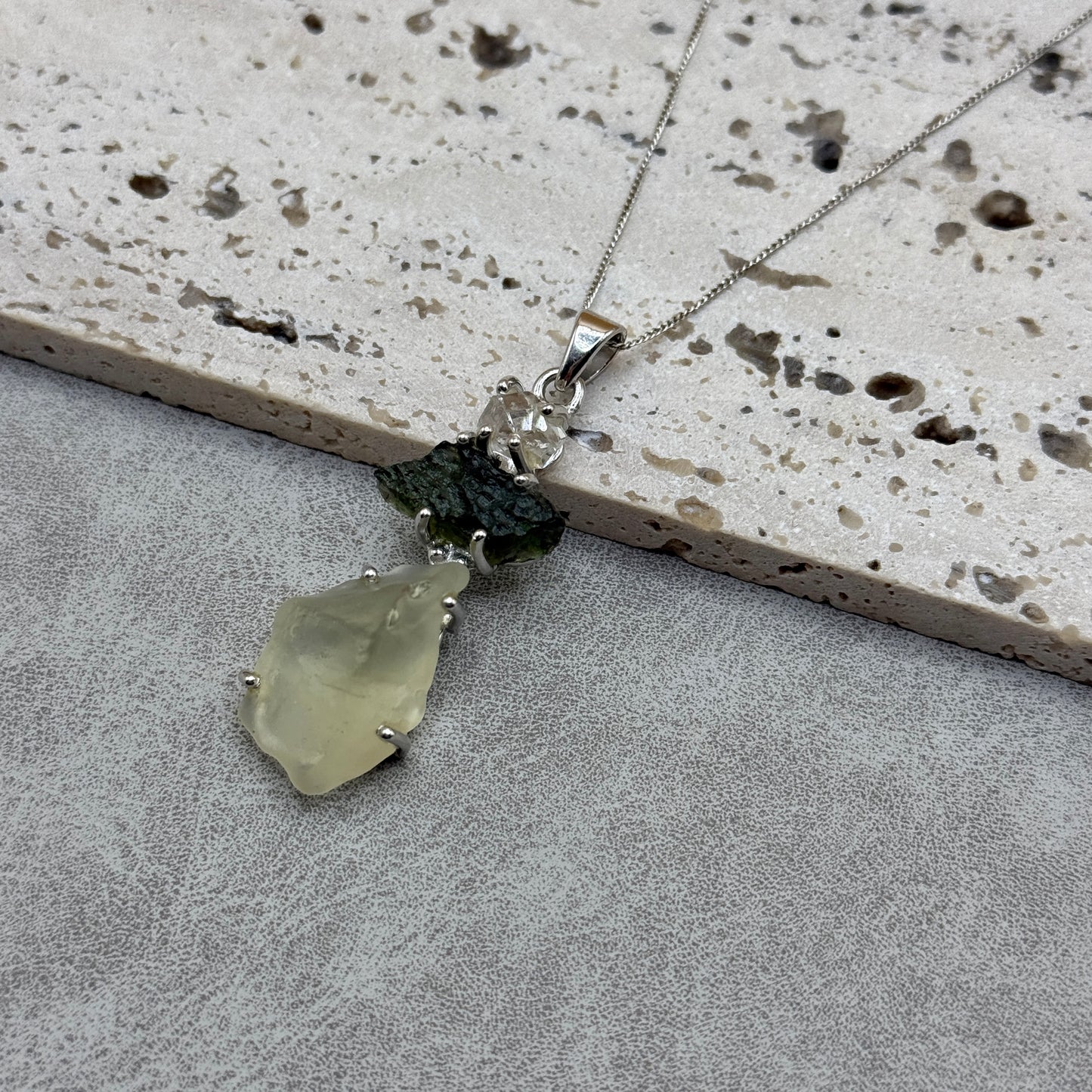 Moldavite, Herkimer Diamond & Libyan Necklace Sterling Silver | TRANSFORMATIVE TEKTITE | 'STONE OF ATTUNEMENT' | ABUNDANCE