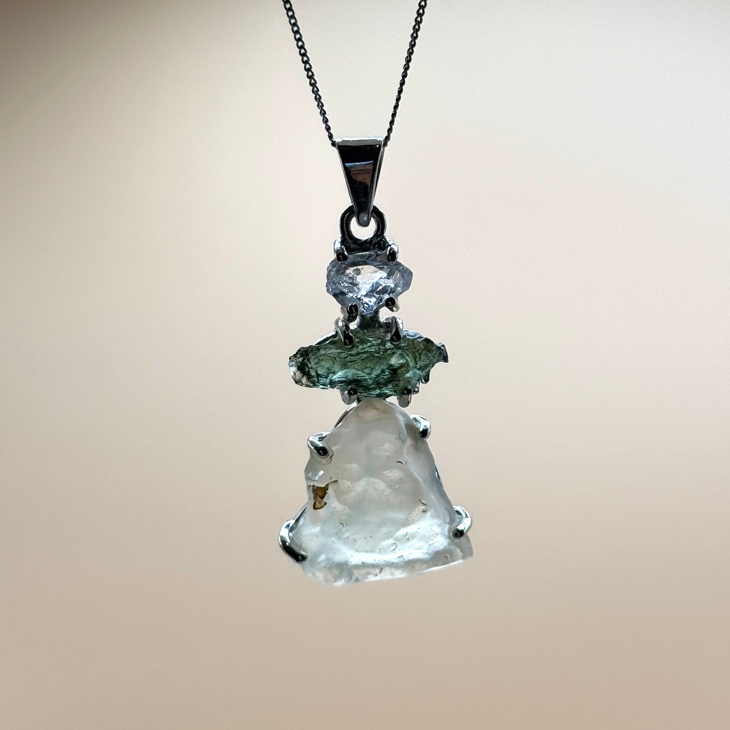 Moldavite, Herkimer Diamond & Libyan Necklace Sterling Silver | TRANSFORMATIVE TEKTITE | 'STONE OF ATTUNEMENT' | ABUNDANCE