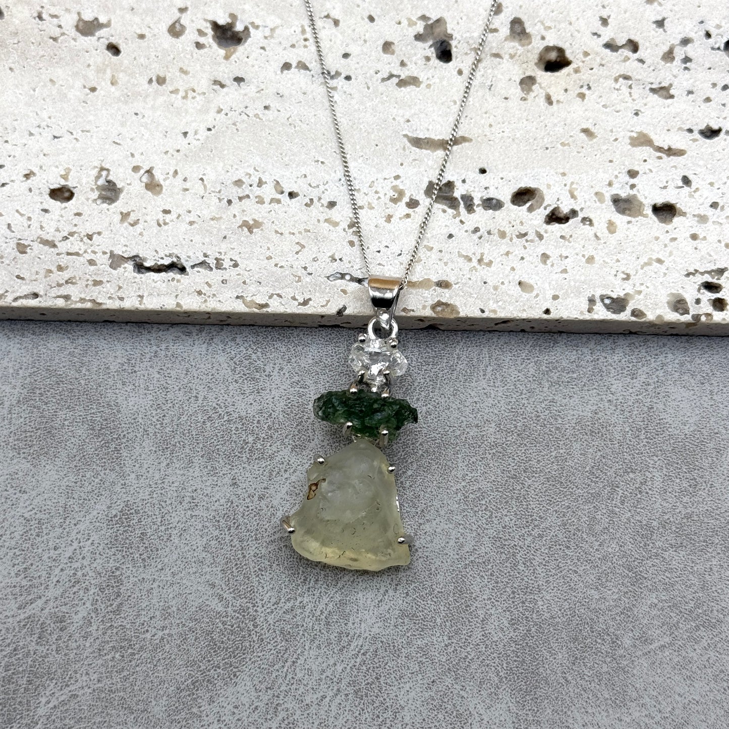 Moldavite, Herkimer Diamond & Libyan Necklace Sterling Silver | TRANSFORMATIVE TEKTITE | 'STONE OF ATTUNEMENT' | ABUNDANCE