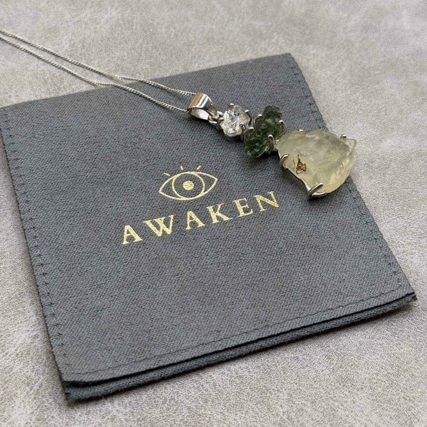 Moldavite, Herkimer Diamond & Libyan Necklace Sterling Silver | TRANSFORMATIVE TEKTITE | 'STONE OF ATTUNEMENT' | ABUNDANCE