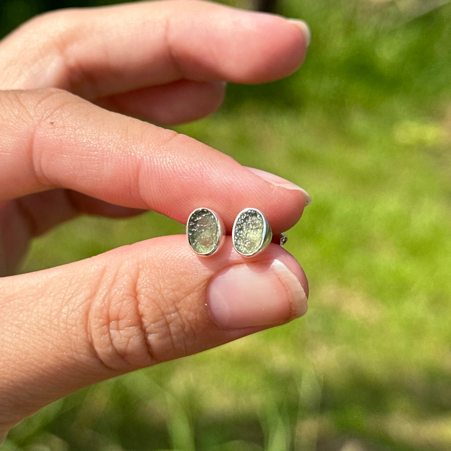 Moldavite Sterling Silver Studs Earrings | TRANSFORMATIVE TEKTITE