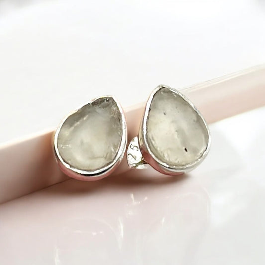 Sterling Silver 925 Libyan Desert Glass Pear Studs | TRANSFORMATION | ABUNDANCE | INSPIRATION