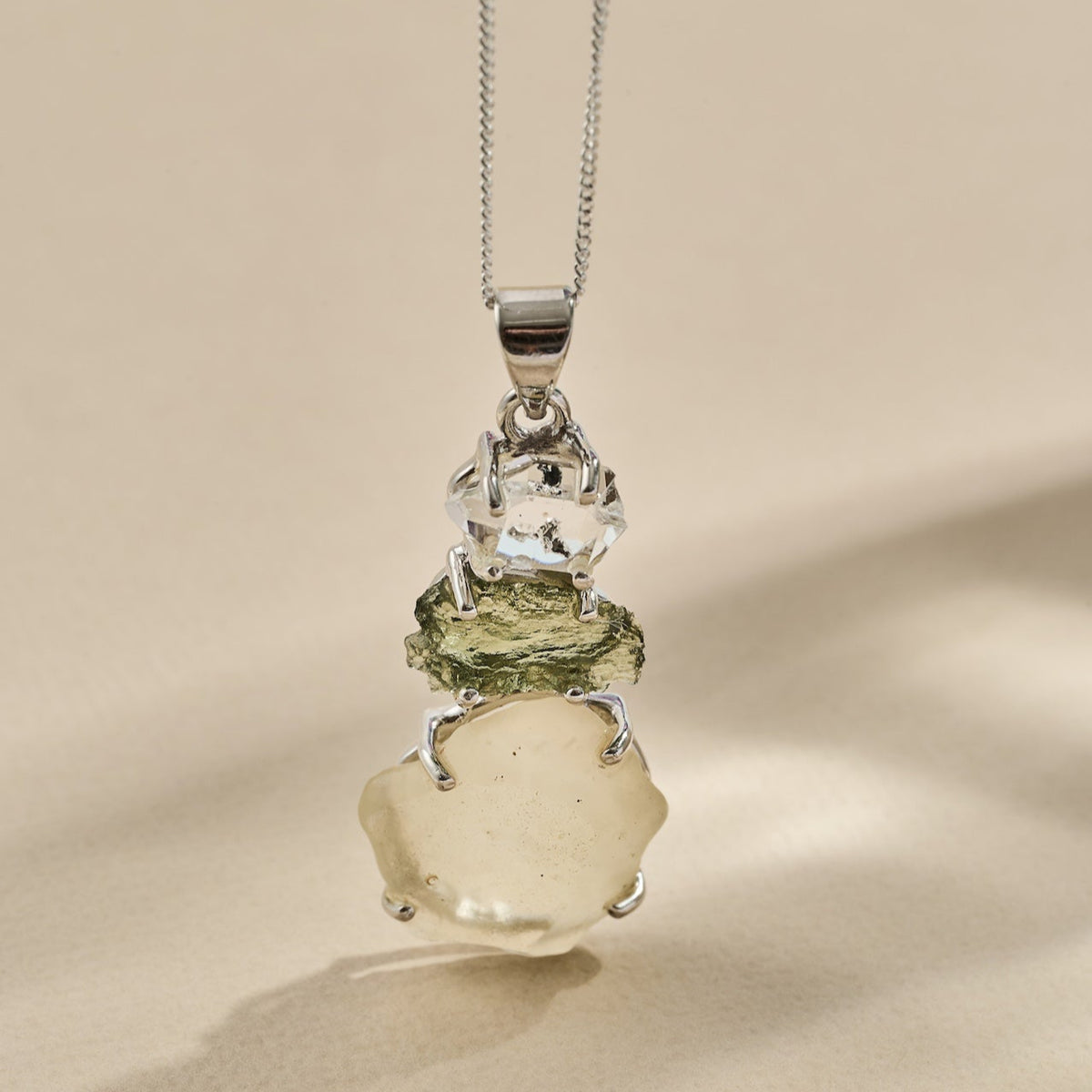 Moldavite, Herkimer Diamond & Libyan Necklace Sterling Silver