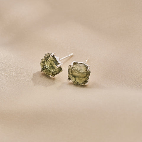 MOLDAVITE STERLING SILVER STUD EARRINGS | TRANSFORMATIVE TEKTITE