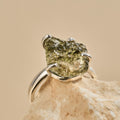 Moldavite green gemstone crystal silver ring
