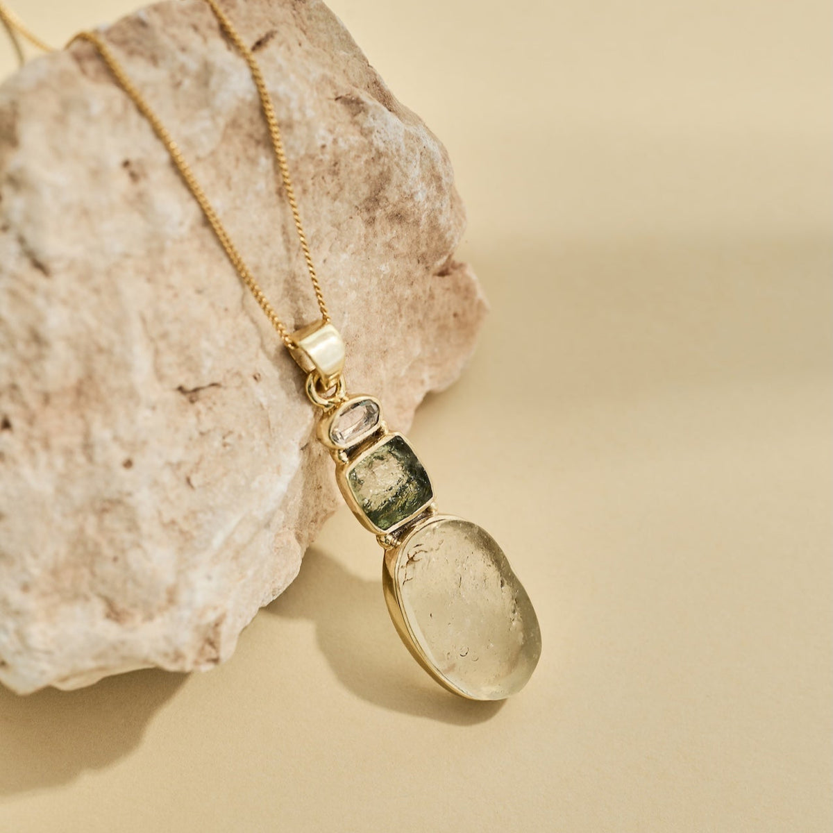 Gold crystal necklace with Moldavite Herkimer Diamond and Libyan desert glass 