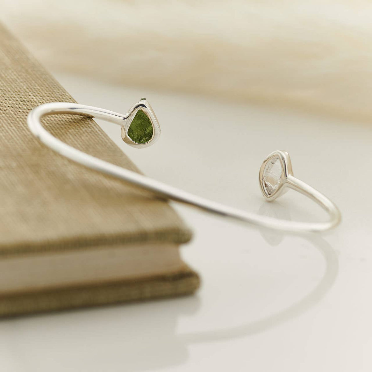 Moldavite & Herkimer Sterling Silver Bangle Bracelet | TRANSFORMATION | ATTUNEMENT